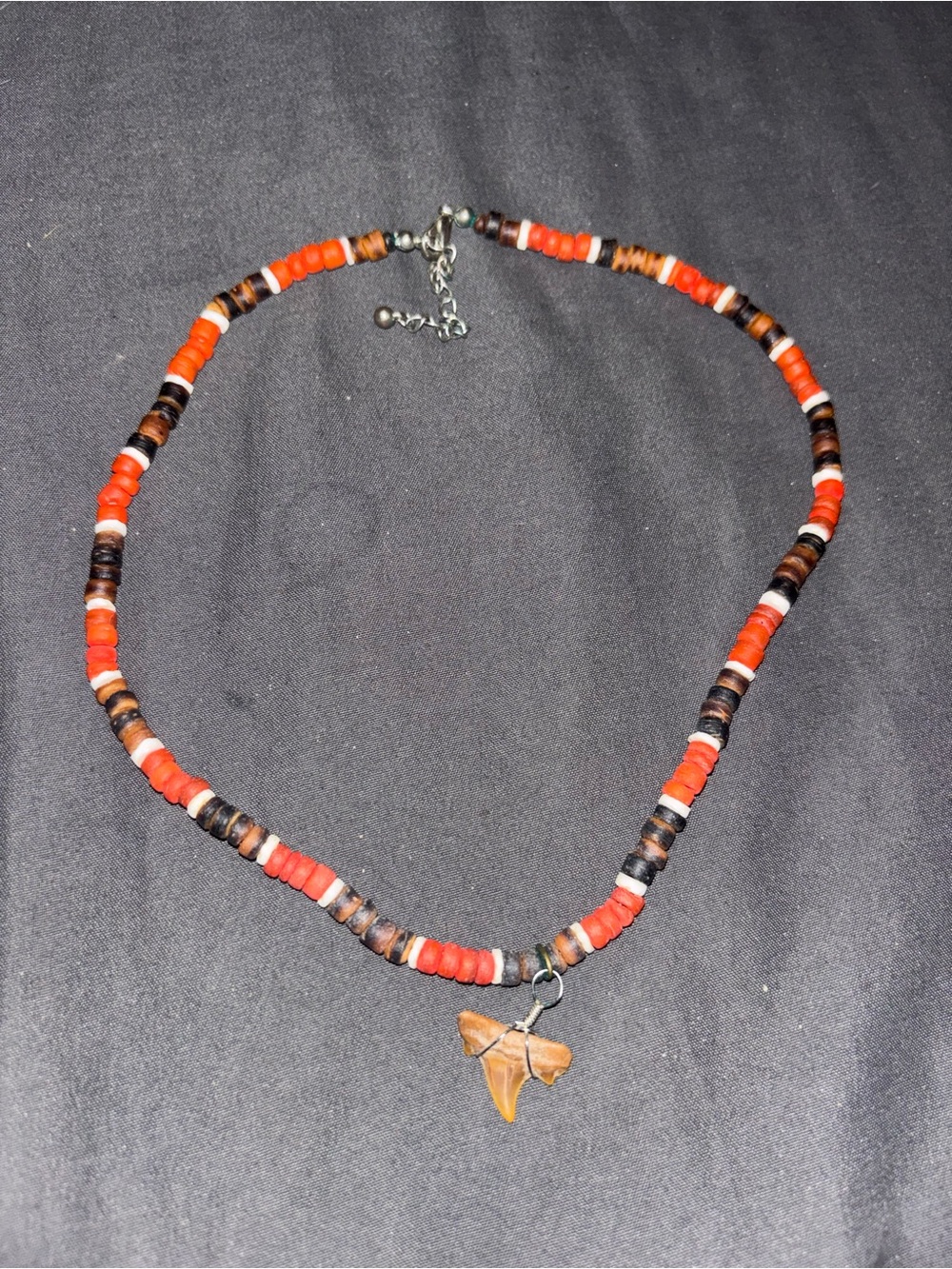 Handmade Red and Brown Beaded Shark Tooth Pendant Necklace